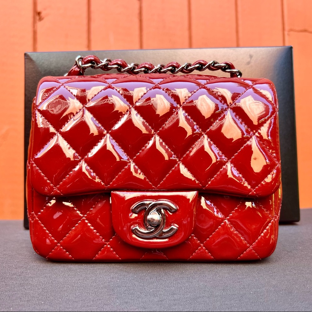 Chanel Patent Leather Classic Mini Square Flap Bag Dark Red Authentic RARE！